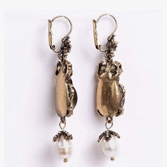 Anthro ladybug bug faux Pearl with rhinestones dangling earrings - Picture 3 of 5